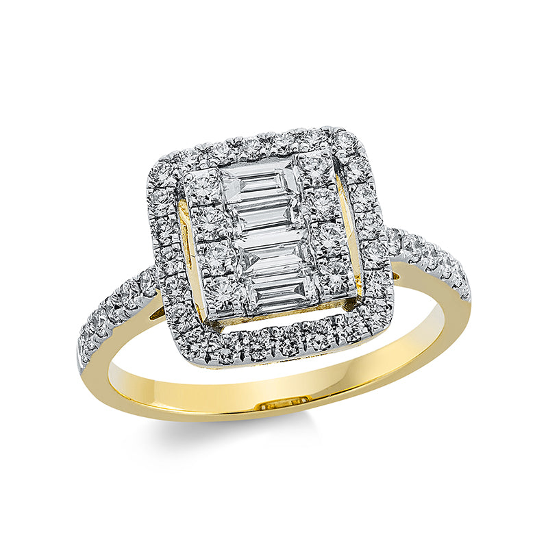 Ring 18 kt GG, Fassung rhodiniert, 4 Bag. 0,35 ct, TW-si, 44 Brill. 0,62 ct, TW-si
