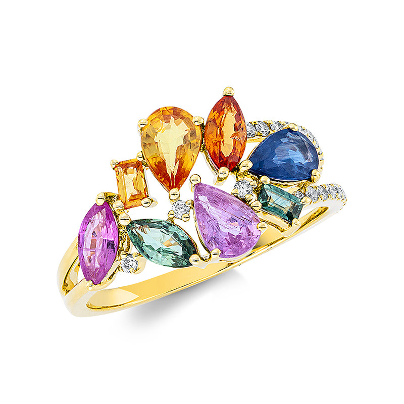 Ring 18 kt GG, 24 Brill. 0,14 ct, TW-si, 3 Saphire 0,78 ct, 2 Saphire 0,19 ct , 3 Saphire 1,31 ct fancy