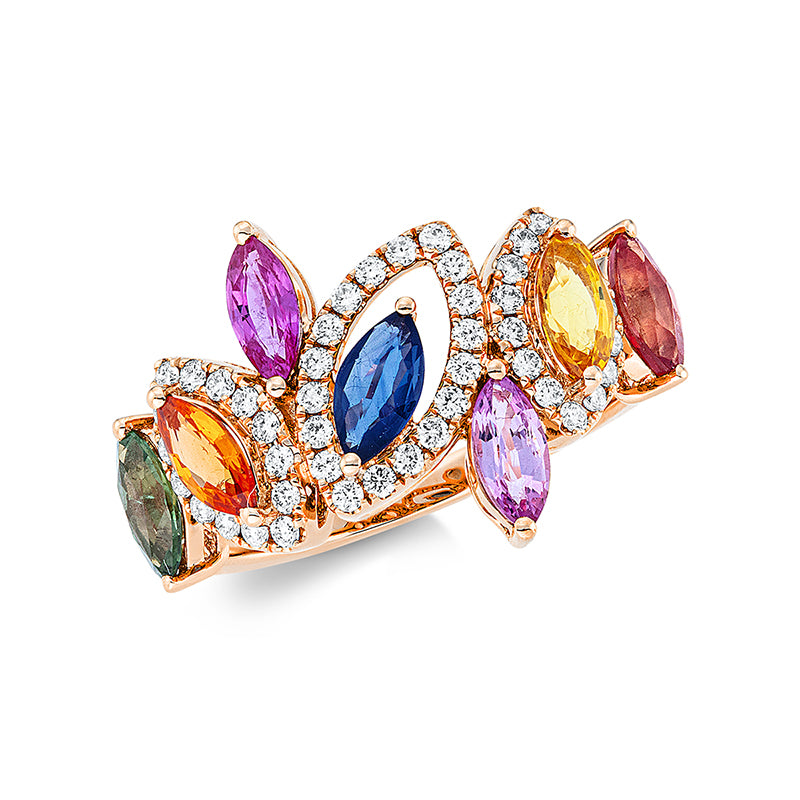 Ring 18 kt RG, 16 Brill. 0,30 ct, TW-si, 7 Saphire 1,97 ct fancy