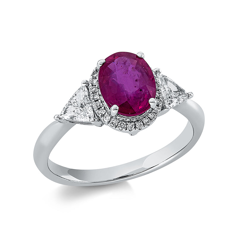 ABVERKAUF, Ring 18 kt WG, 2 Brill. 0,40 ct, TW-si, 26 Brill. 0,07 ct, TW-si, 1 Rubin 1,82 ct rot