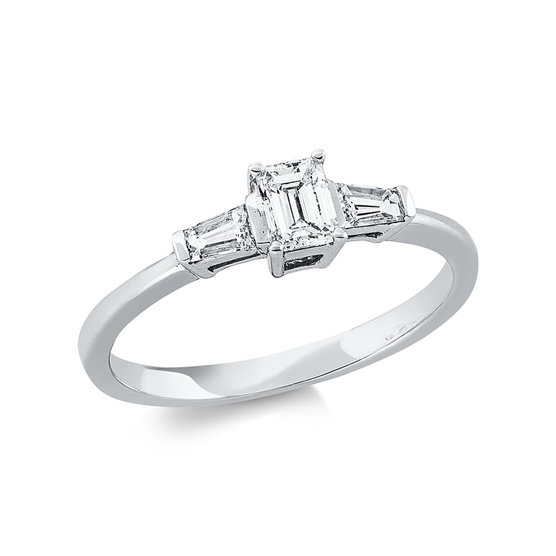 Ring 18 kt WG, 1 Sm.schliff 0,30 ct, TW-si, 2 Trap. 0,21 ct, TW-si