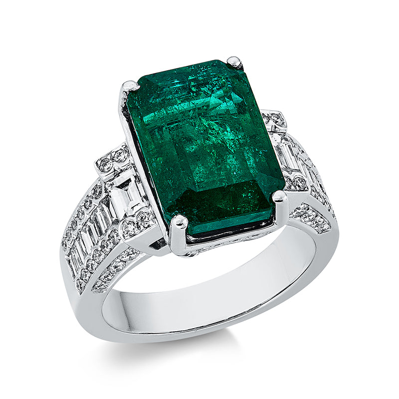 Ring 18 kt WG, 14 Bag. 0,37 cti, 2 Bag. 0,46 ct, 62 Brill. 0,52 ct, TW-vsi/si, 1 Smaragd 8,67 ct grün