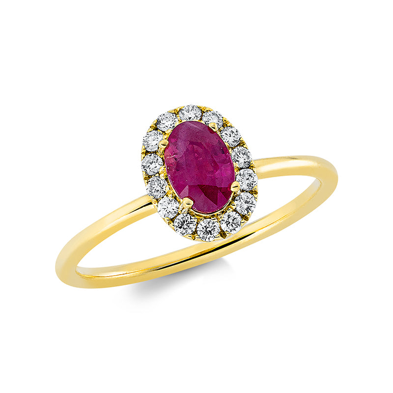 Ring 18 kt GG, 14 Brill. 0,16 ct, W-si, 1 Rubin 0,71 ct rot