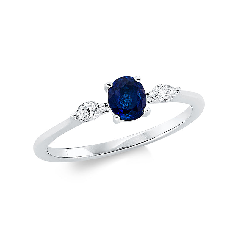 Ring 18 kt WG, 2 Nav. 0,13 ct, TW-si, 1 Saphir 0,42 ct blau