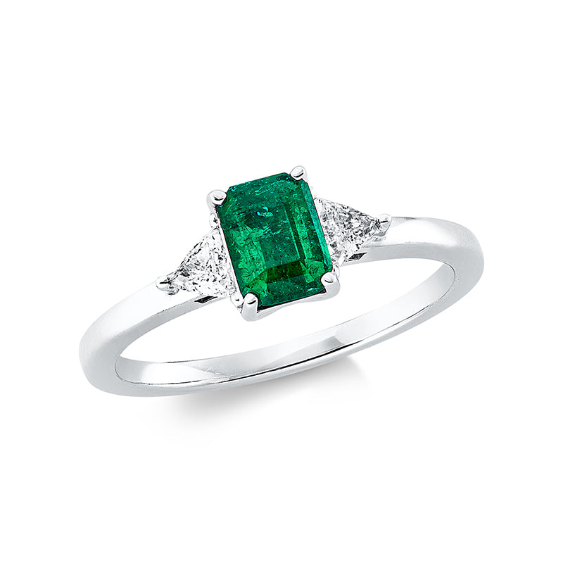 Ring 18 kt WG, 2 Triangel 0,20 ct, TW-vsi/si, 1 Smaragd 0,65 ct grün