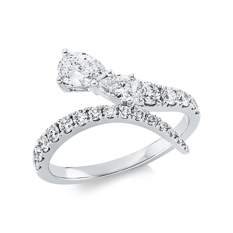 Ring 18 kt WG, 1 Brill. 0,09 ct, TW-si, 2 Tropfen 0,52 ct, TW-si, 19 Brill. 0,41 ct, TW-si