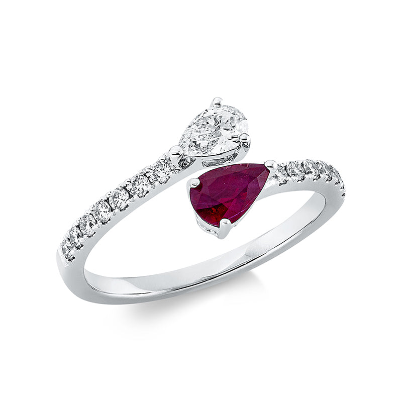 Ring 18 kt WG, 1 Tropfen 0,21 ct, TW-si, 14 Brill. 0,20 ct, TW-si, 1 Rubin 0,43 ct rot