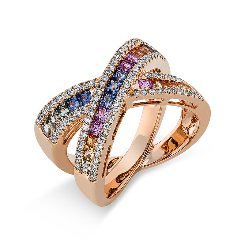 Ring 18 kt RG, 30 Br. 0,16 ct, 63 Br. 0,27 ct, TW-vsi, 23 Saphire 1,61 ct multicolor