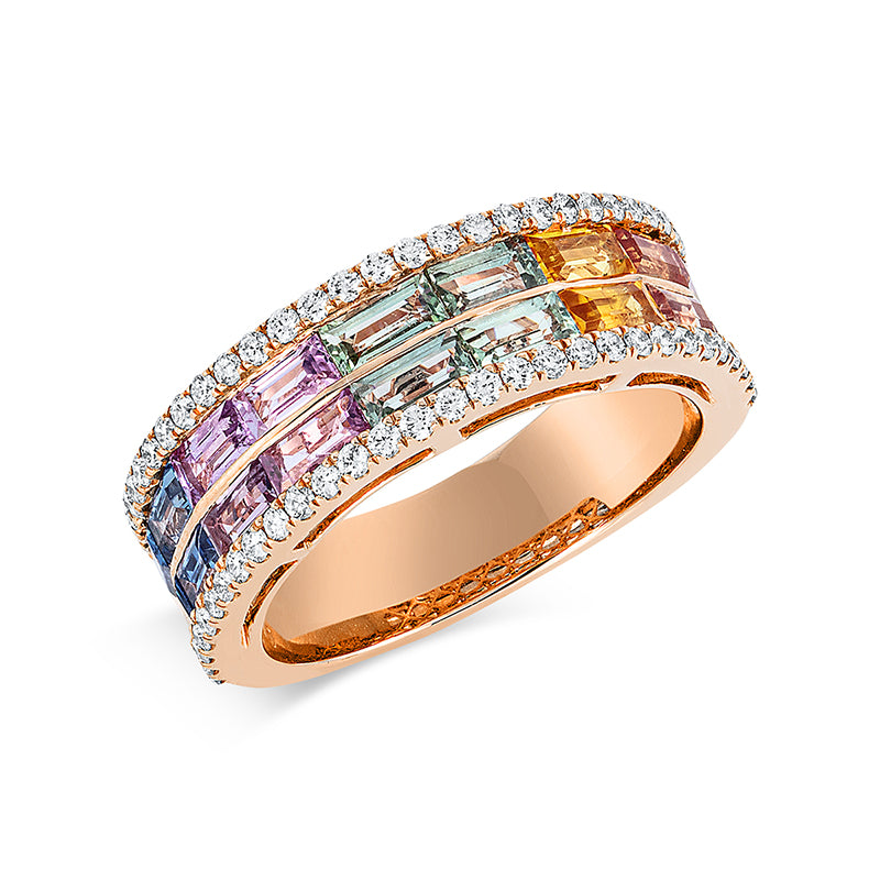 Ring 18 kt RG, 60 Brill. 0,38 ct, TW-vsi, 18 Saphire 2,67 ct multicolor