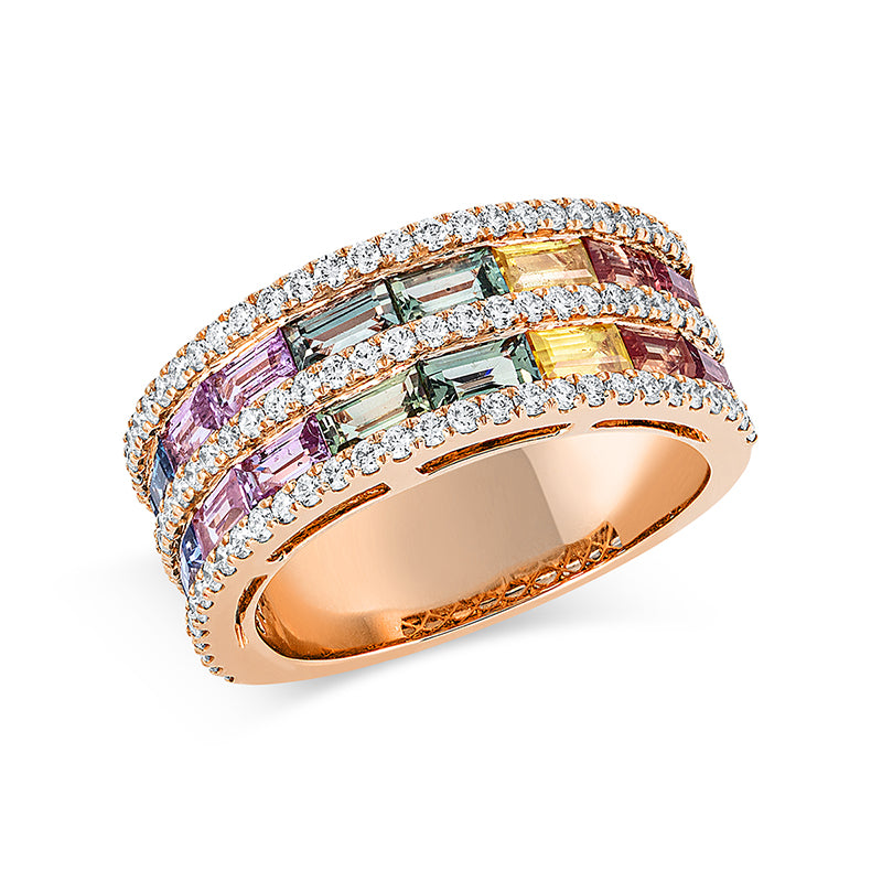 Ring 18 kt RG, 90 Brill. 0,69 ct, TW-vsi, 18 Saphire 2,85 ct multicolor