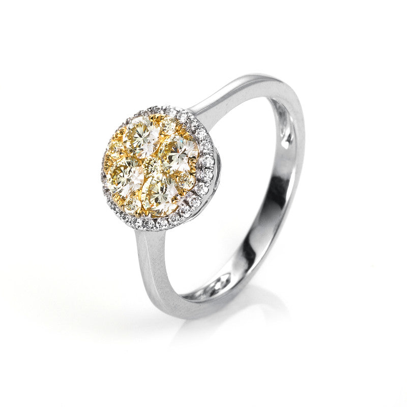 Ring 18 kt WG+GG, 25 Brill. 0,10 ct, TW-vsi/si, 9 Brill. 0,57 ct, gelb
