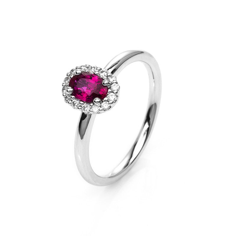 Ring 18 kt WG, 14 Brill. 0,15 ct, TW-vsi, 1 Rubin 0,52 ct rot