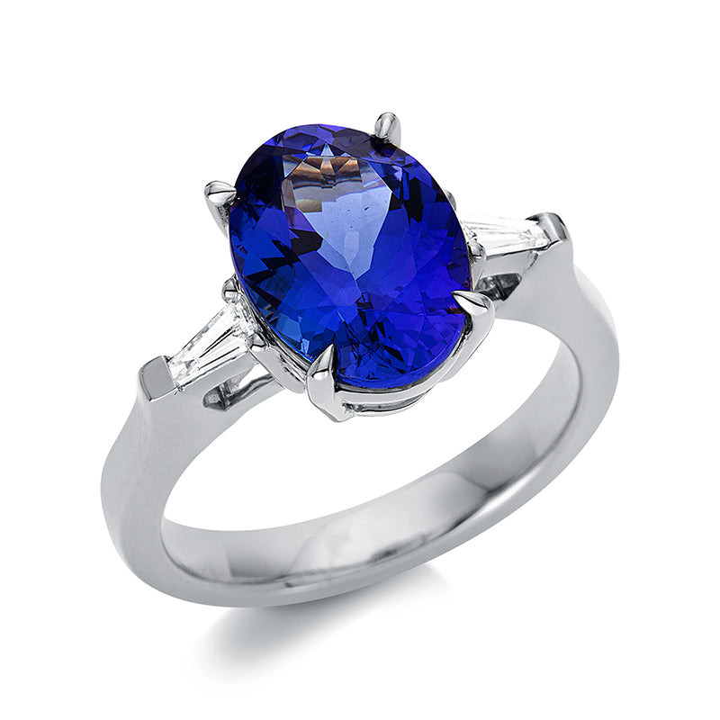 Ring 18 kt WG, 2 Bag. 0,15 ct, TW-si, 1 Tansanit 4,38 ct blau
