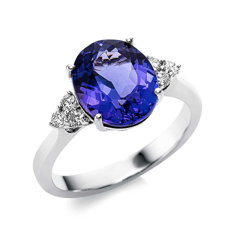 Ring 14 kt WG, 6 Brill. 0,18 ct, TW-si, 1 Tansanit 3,71 ct blau