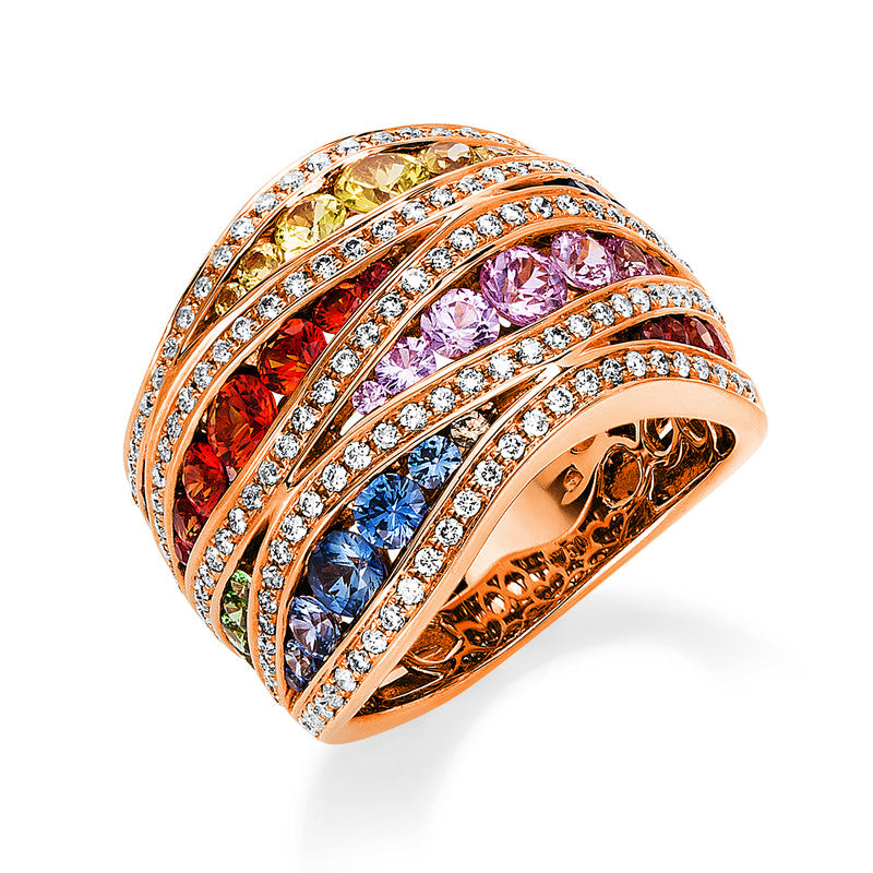 Ring 18 kt RG+WG, 143 Brill. 0,74 ct, TW-vsi, 10 Saphire 0,59 ct pink, 11 Saphire 0,68 ct orange, 4 Tsavorith 0,12 ct grün, 7 Saphire 0,47 ct gelb, 12 Saphire 0,57 ct blau
