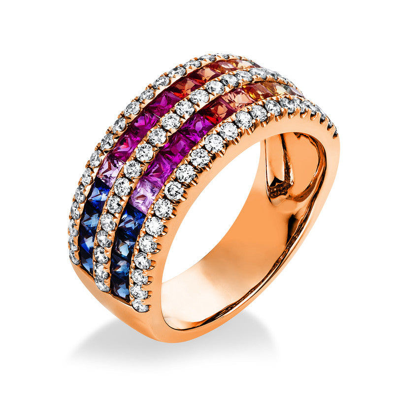 Ring 14 kt RG, 64 Brill. 0,54 ct, TW-si, 30 Saphire 1,74 ct fancy