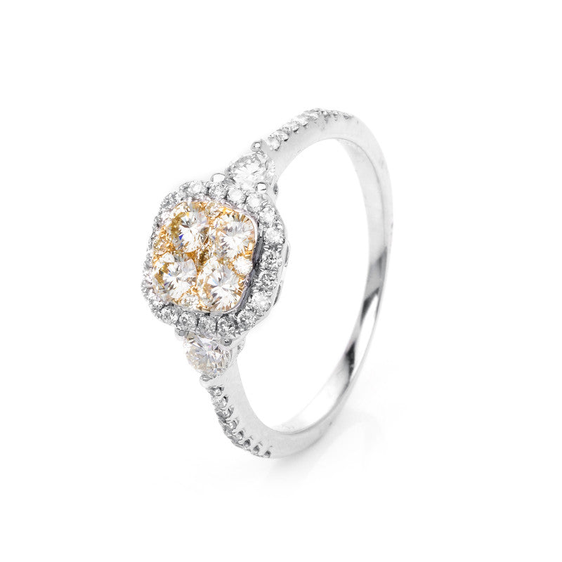 Ring 18 kt WG+GG, 2 Brill. 0,22 ct, TW-vsi/si, 36 Brill. 0,22 ct, TW-vsi/si, 9 Brill. 0,39 ct, gelb