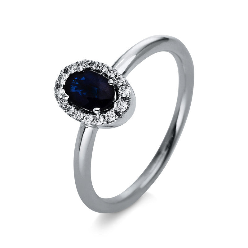 Ring 18 kt WG, 16 Brill. 0,12 ct, TW-si, 1 Saphir 0,58 ct blau