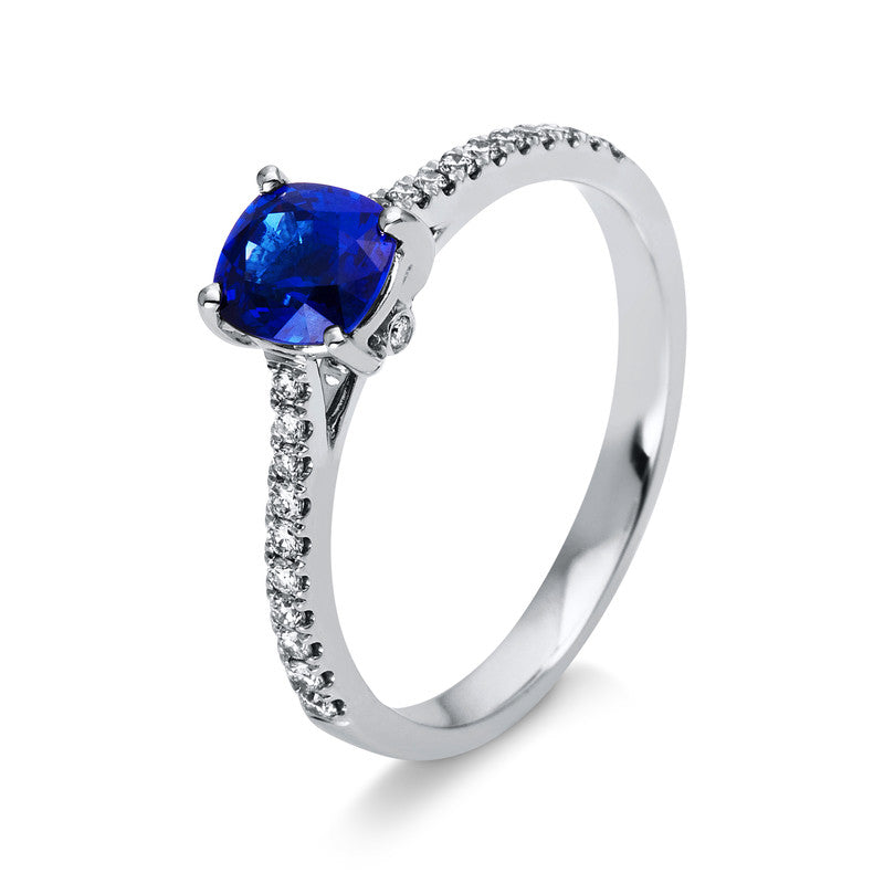 Ring 18 kt WG, 22 Brill. 0,17 ct, TW-vsi, 1 Saphir 0,95 ct blau