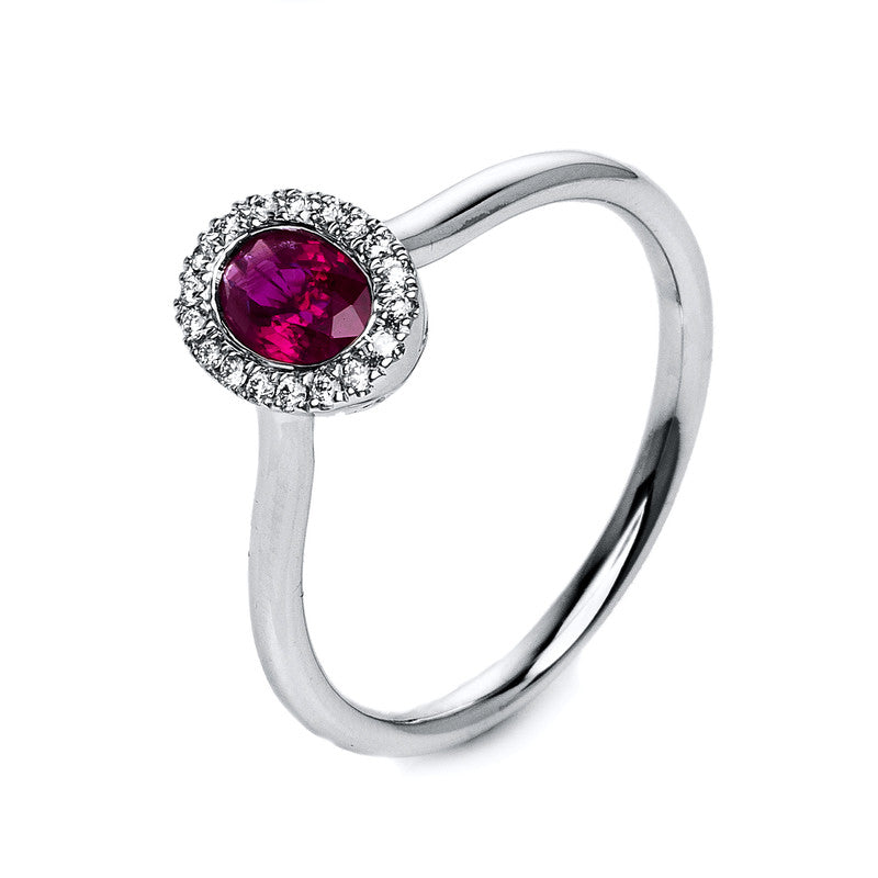 Ring 18 kt WG, 18 Brill. 0,08 ct, TW-si, 1 Rubin 0,54 ct rot, Weite:54