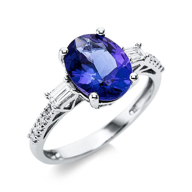 Ring 14 kt WG, 2 Bag. 0,17 ct, TW-si, 14 Brill. 0,08 ct, TW-si, 1 Tansanit 2,99 ct blau