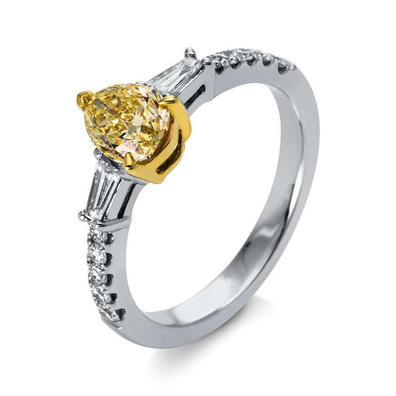 Ring 18 kt WG+GG, GIA5172045223, 2 Bag. 0,22 ct, TW-si, 10 Brill. 0,22 ct, TW-si, 1 Tropfen 1,00 ct, gelb