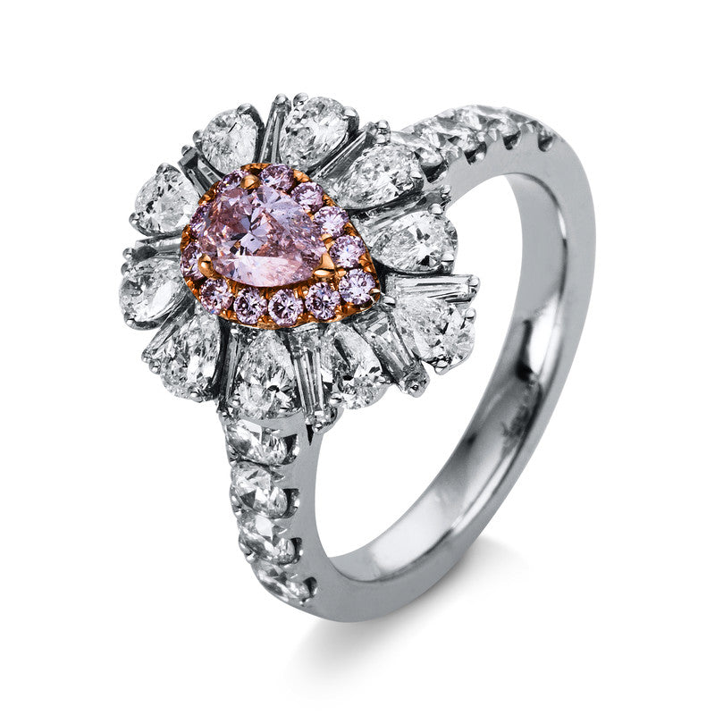Ring 3er-Krappe 18 kt WG+RG, GIA 7282616375, 10 Baguette 0,38 ct, TW-si, 10 Tropfen 0,85 ct, TW-si, 8 Brillanten 0,73 ct, TW-si, 1 Tropfen 0,27 ct, pink, 12 Brillanten 0,17 ct, pink, Weite:54