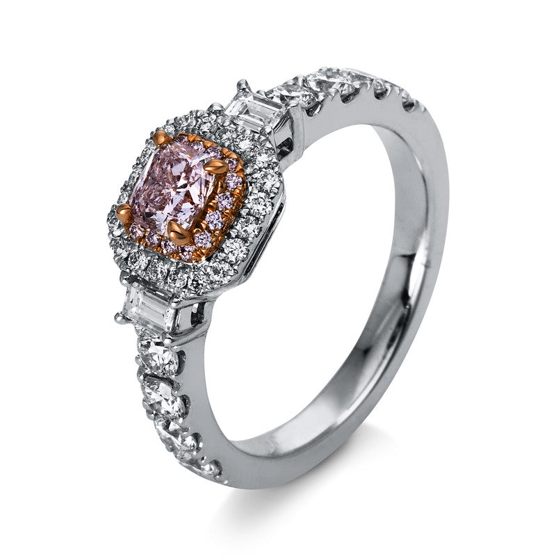 Ring 18 kt WG+RG, GIA, 2 Bag. 0,19 ct, 28 Br. 0,61 ct, TW-si, 1 Cush 0,32 ct, 16 Dia. 0,06 ct, pink