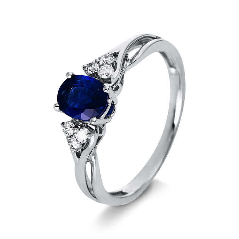 Ring 18 kt WG, 6 Brill. 0,15 ct, TW-si, 1 Saphir 0,72 ct blau