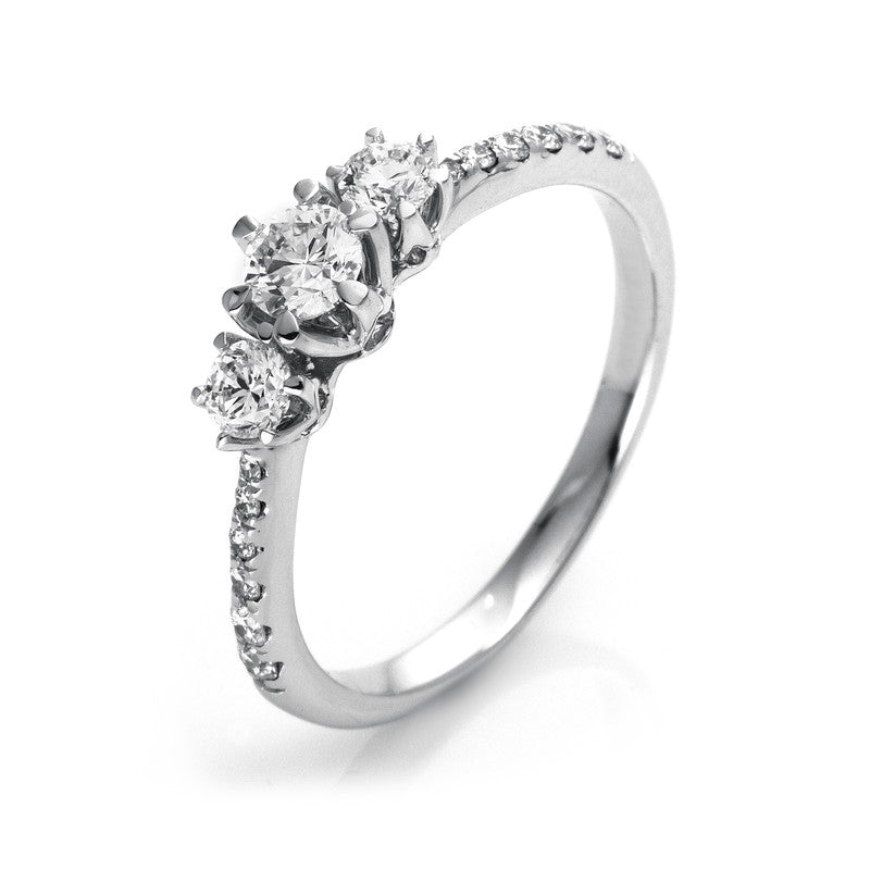 Ring 18 kt WG+P950, 1 Brill. 0,25 ct, TW-si, 14 Brill. 0,35 ct, TW-si
