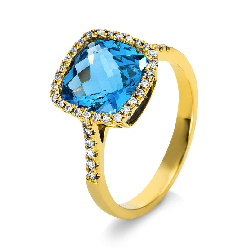 Ring 18 kt GG, 40 Brill. 0,21 ct, TW-si, 1 Blautopas 3,45 ct blau