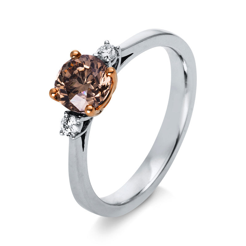 Ring 18 kt WG+RG, 2 Brill. 0,09 ct, TW-si, 1 Brill. 1,00 ct, braun