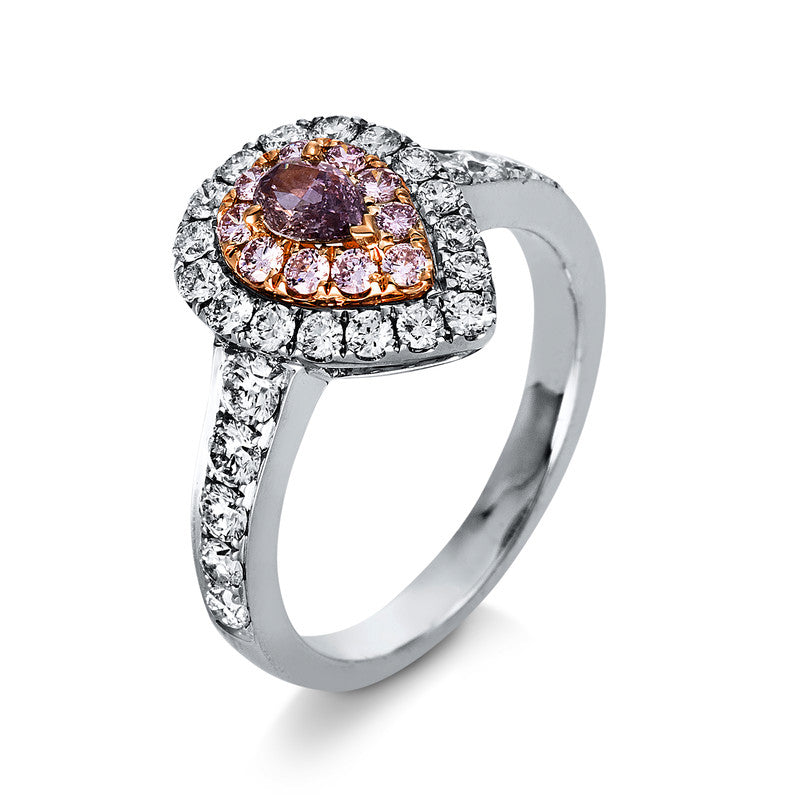 Ring 18 kt WG+RG, GIA, 1 Dia. 0,34 ct, pink-i1, 27 Brill. 0,95 ct, TW-si, 10 Dia. 0,23 ct, pink