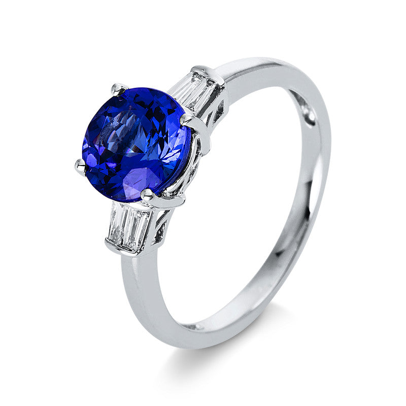 Ring 14 kt WG, 4 Bag. 0,18 ct, TW-si, 1 Tansanit 1,95 ct blau