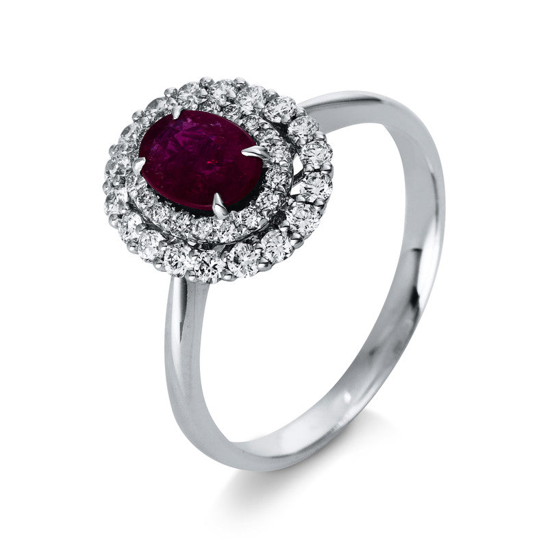 Ring 18 kt WG, 36 Brill. 0,41 ct, TW-si, 1 Rubin 0,73 ct rot
