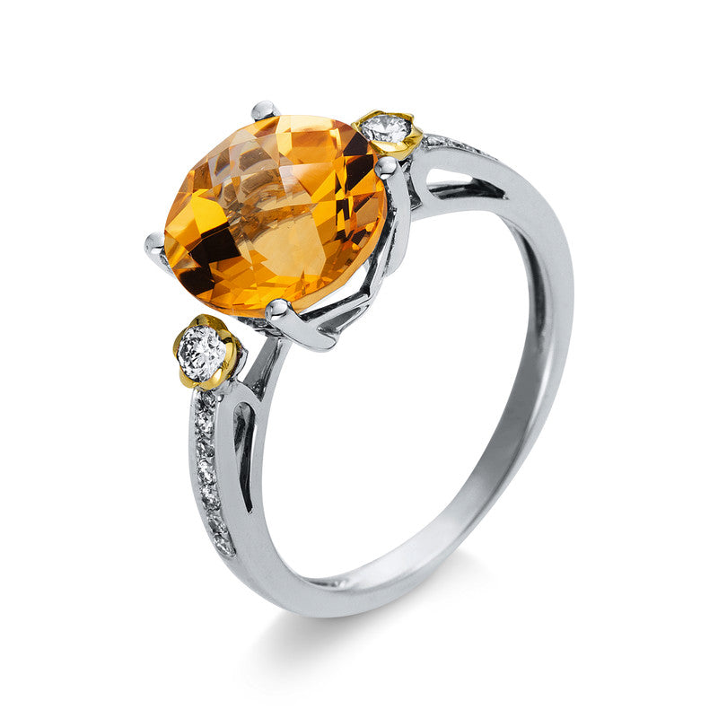 Ring 18 kt WG+GG, 16 Brill. 0,18 ct, TW-si, 1 Citrin 3,20 ct gelb
