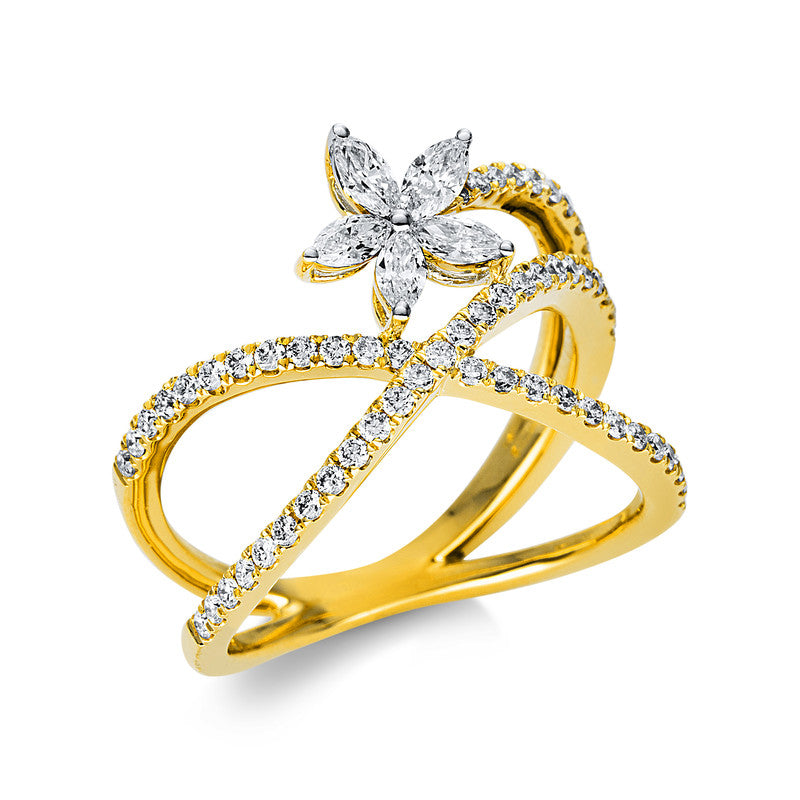 Ring 18 kt GG, Fassung rhodiniert, 5 Nav. 0,32 ct, TW-si, 59 Brill. 0,45 ct, TW-si