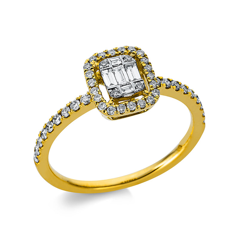 Ring 18 kt GG, Fassung rhodiniert, 5 Bag. 0,09 ct, TW-si, 44 Brill. 0,30 ct, TW-si