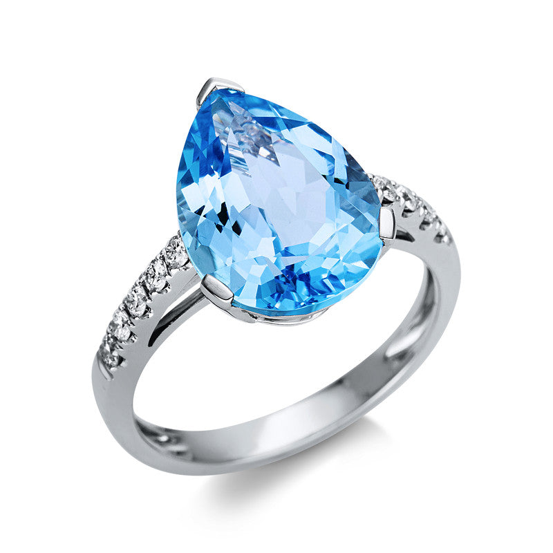 Ring 18 kt WG, 10 Brill. 0,23 ct, TW-si, 1 Topas 6,90 ct sky blue
