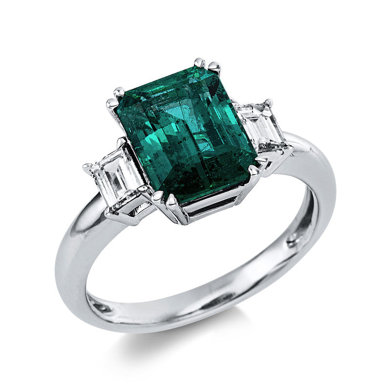 Ring 18 kt WG, 2 Sm.schliff 0,40 ct, TW-si, 1 Smaragd 2,56 ct grün