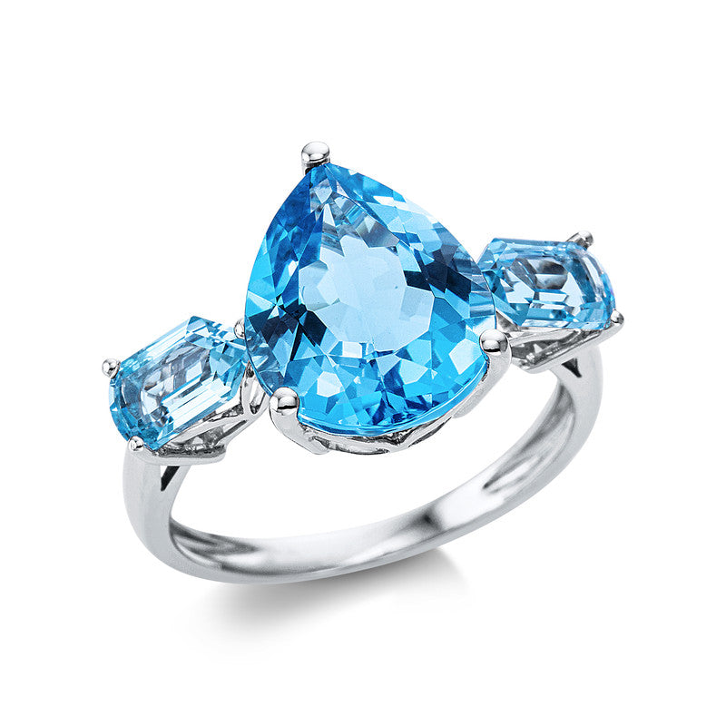Ring 18 kt WG, 1 Topas 5,80 ct blau, 2 Topase 1,30 ct blau