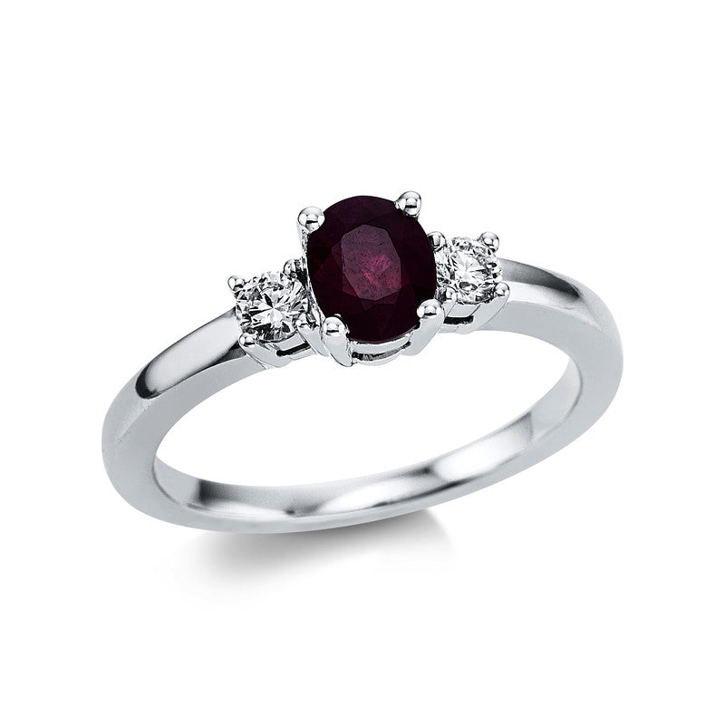 Ring 18 kt WG, 2 Brill. 0,18 ct, TW-vsi, 1 Rubin 0,87 ct rot