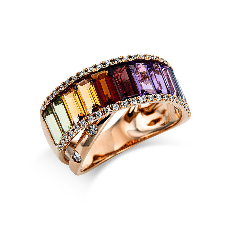 Ring 18 kt RG, 50 Brill. 0,25 ct, TW-si, 11 Farbsteine 3,90 ct multicolor