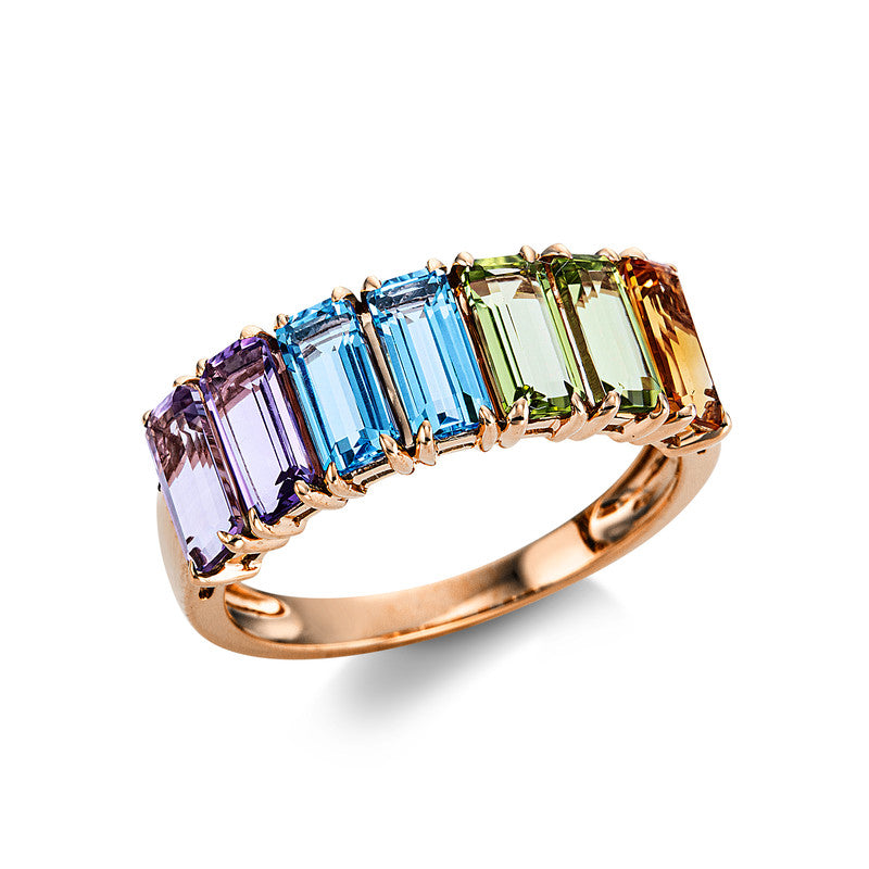 Ring 18 kt RG, 2 Topase 1,10 ct blau, 2 Peridot 1,10 ct, 1 Citrin 0,40 ct, 2 Amethyste 0,70 ct pink