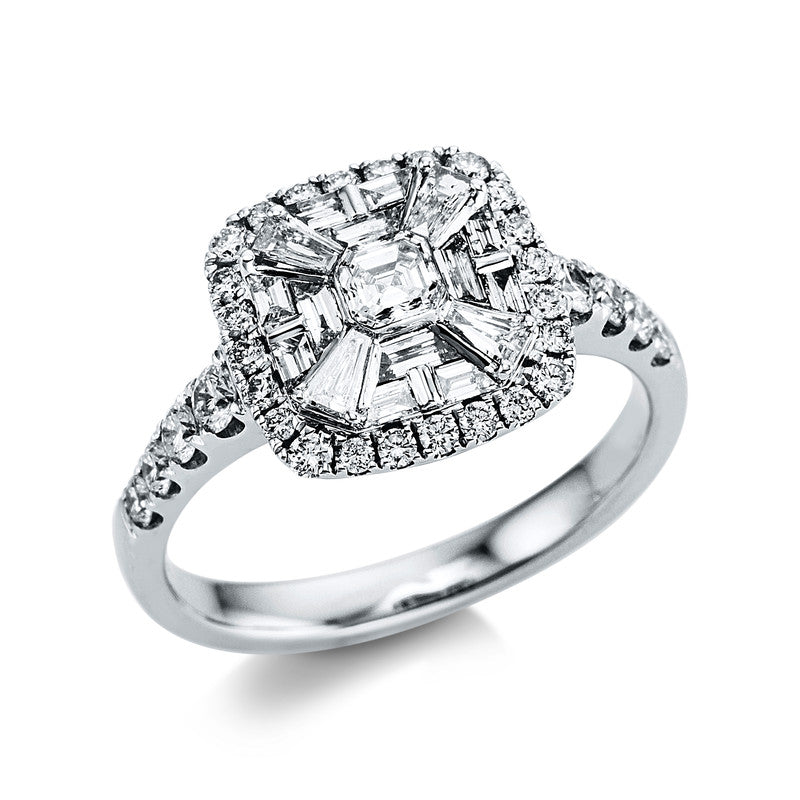 Ring 18 kt WG, 16 Bag. 0,44 ct, TW-si, 1 Assher 0,25 ct, TW-si, 32 Brill. 0,51 ct, TW-si