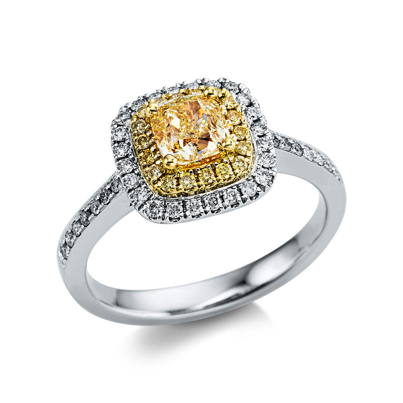 Ring 18 kt WG+GG, 38 Brill. 0,24 ct, TW-si, 18 Brill. 0,11 ct, gelb, 1 Cushion 1,00 ct, gelb