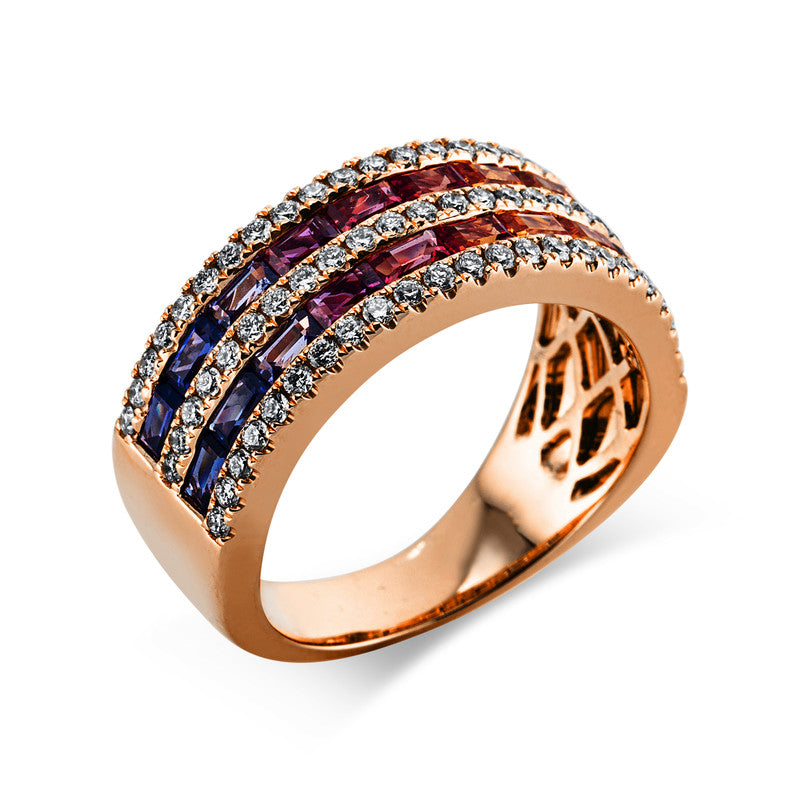 Ring 18 kt RG, 69 Brill. 0,59 ct, TW-si, 20 Saphire 1,91 ct fancy