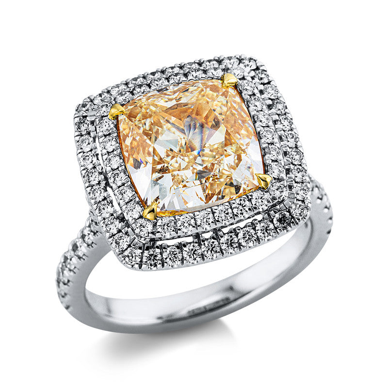 Ring 18 kt WG+GG, GIA2286590370, 1 Cushion 5,33 ct, gelb-si1, 82 Brill. 0,82 ct, F-vsi/si