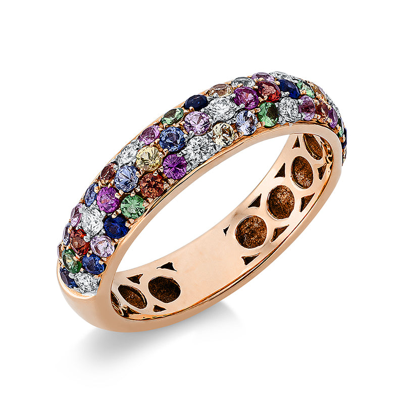 Ring 18 kt RG, 9 Brill. 0,15 ct, TW-vsi, 23 Saphire 0,48 ct multicolor, 6 Tsavorith 0,12 ct grün