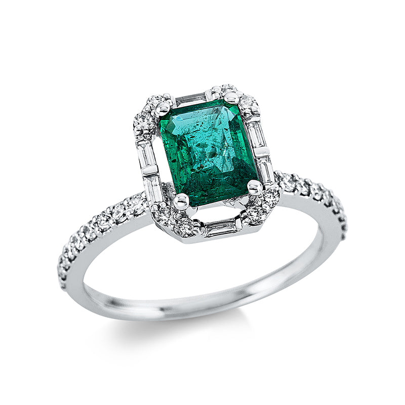 Ring 18 kt WG, 6 Bag. 0,08 ct, TW-vsi/si, 28 Brill. 0,34 ct, TW-vsi/si, 1 Smaragd 1,60 ct grün